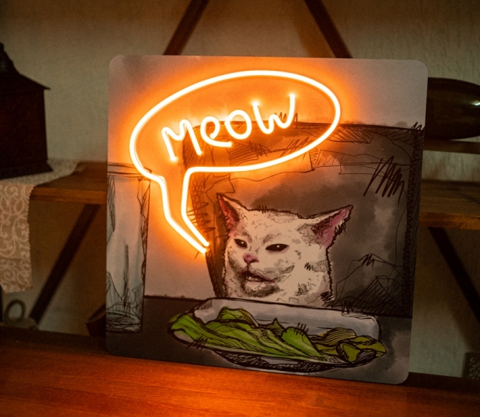 The Meow Cat Poster with Neon Inserting, Unbreakable Neon Sign, Meme Poster