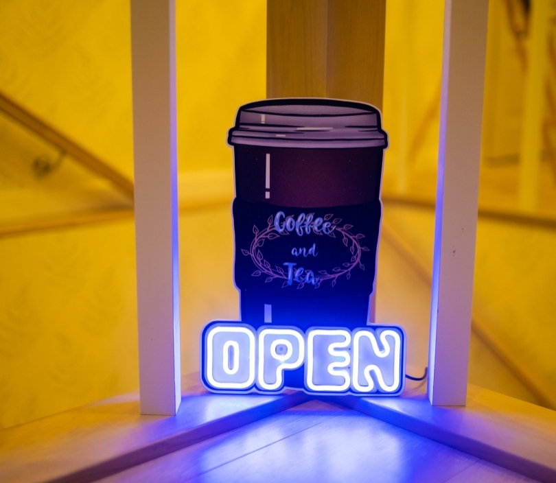 Open, Coffee and Tea Cup, Unbreakable Neon Sign