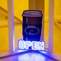 Open, Coffee and Tea Cup, Unbreakable Neon Sign