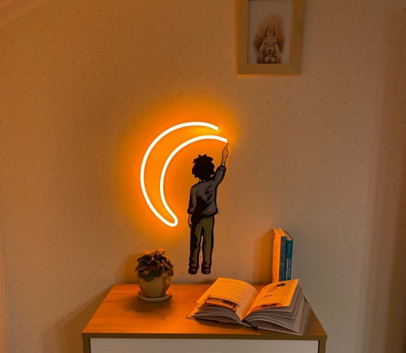 Sticker+Neon Sign Boy with a Moon Bedroom Light Wall Decor