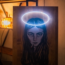 Rebel Girl with Neon Nimbus Portrait, Neon Art with Painting