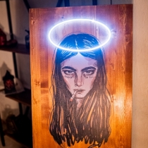 Rebel Girl with Neon Nimbus Portrait, Neon Art with Painting